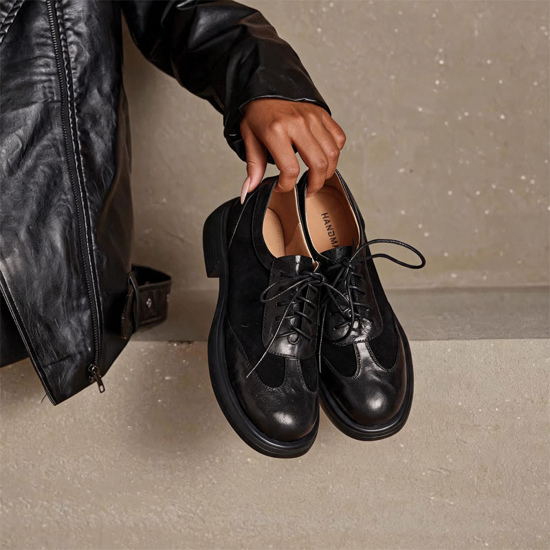 Shoeswoon Vintage Mixed‑Material Brogue Round Toe Lace‑Up Chunky Sole Women Retro Oxfords