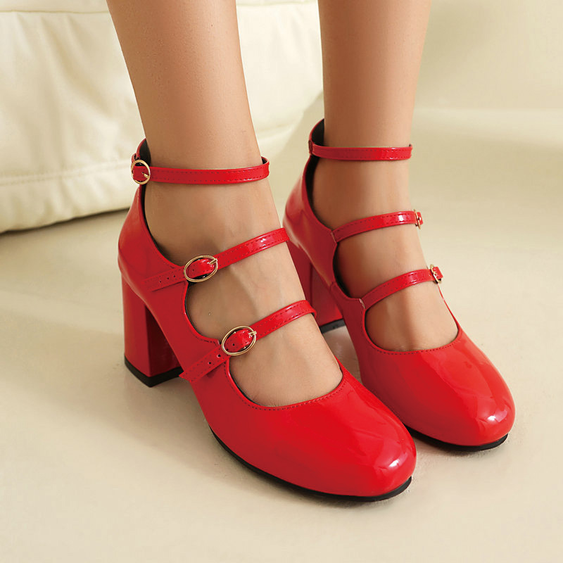 Shoeswoon Round Toe Triple Strap Patent Mary Janes Mid Block Heel