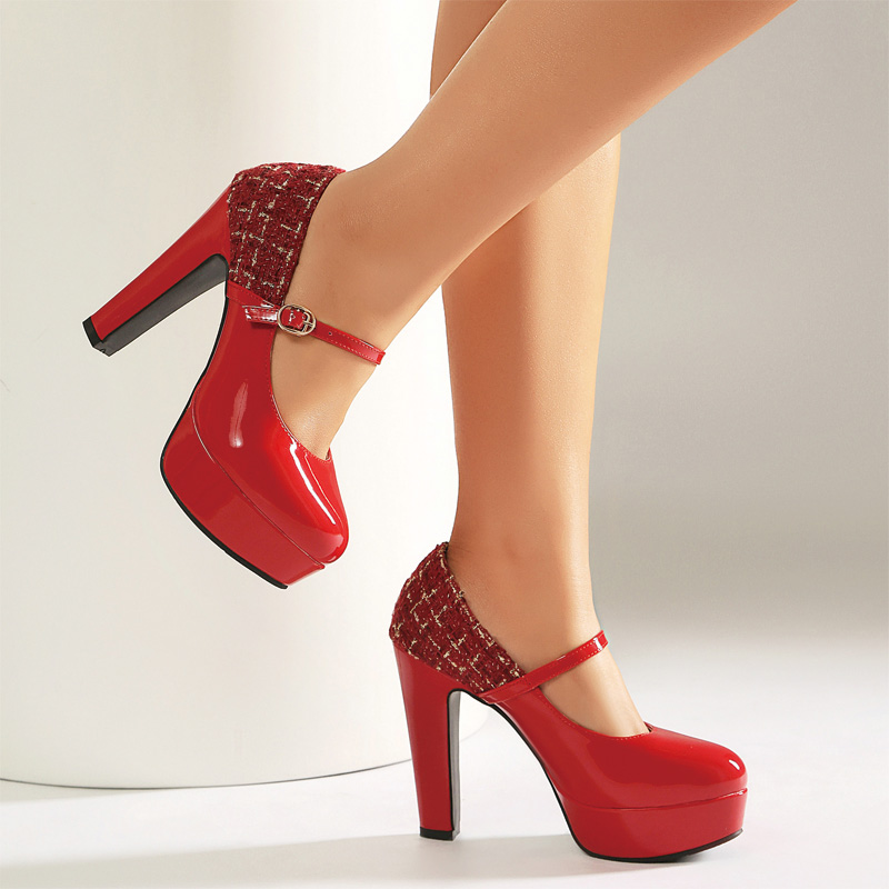 Shoeswoon Round Toe Heart‑Buckle Mary Janes Two‑Tone Platform High Block Heel