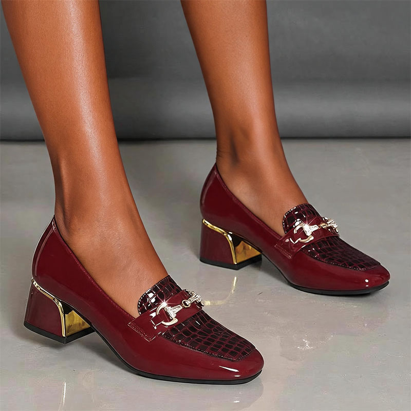 Shoeswoon Elegant Croc Embossed Rhinestone Metal Accent Block Heel Loafers