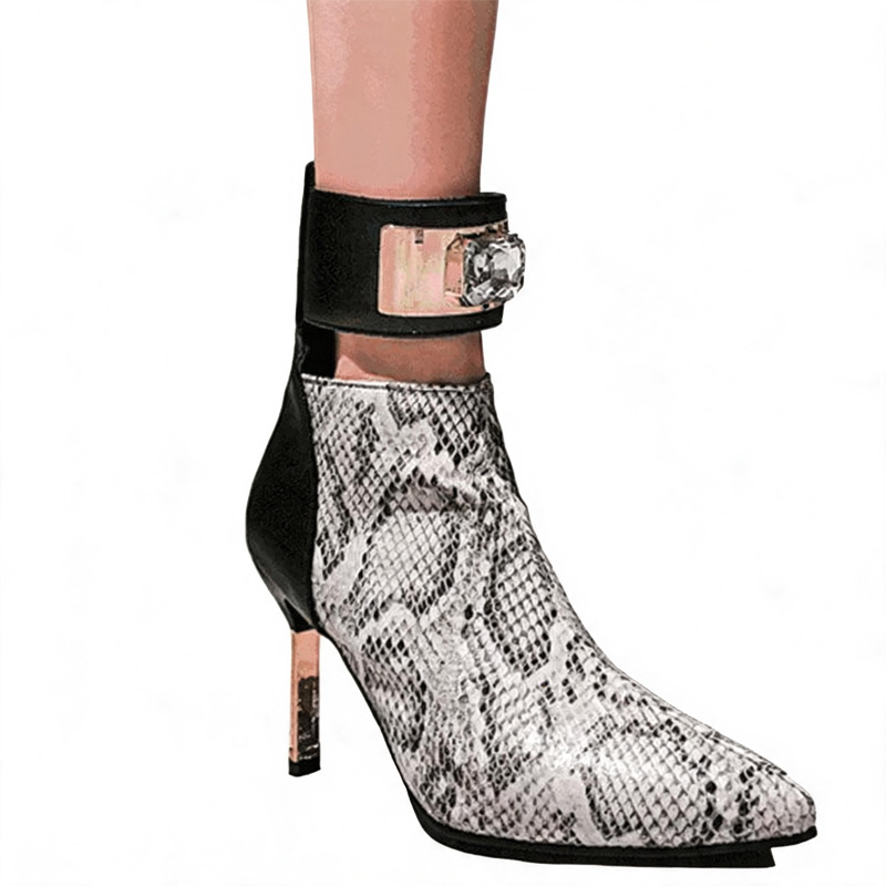 Shoeswoon Snake Print Cut‑Out Ankle Boots With Rhinestone Buckle Stiletto Heel