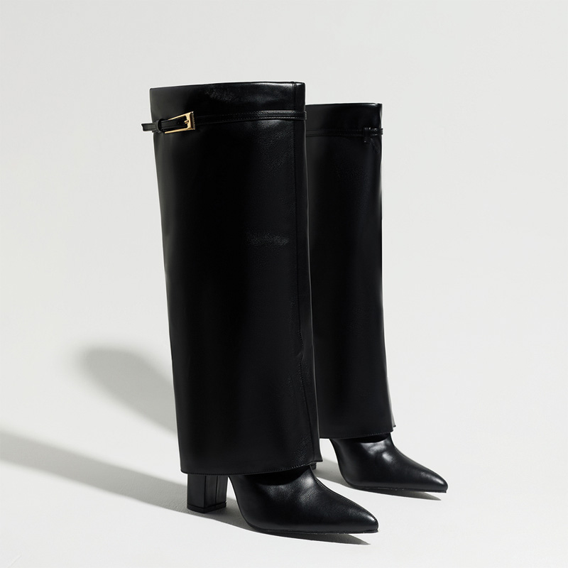 Shoeswoon Metal Buckle Fold‑Over Cuff Pointed Toe Block Heel Knee High Boots