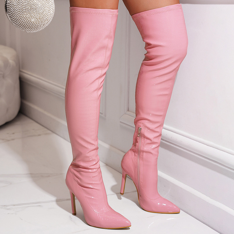 Shoeswoon Glossy Croc Embossed Side Zipper Stiletto Thigh High Boots