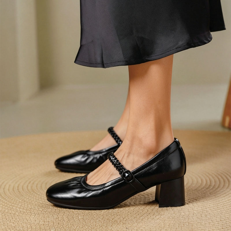 Shoeswoon Soft Pleated Upper Mary Janes Braided Buckle Strap Low Block Heel Shoes