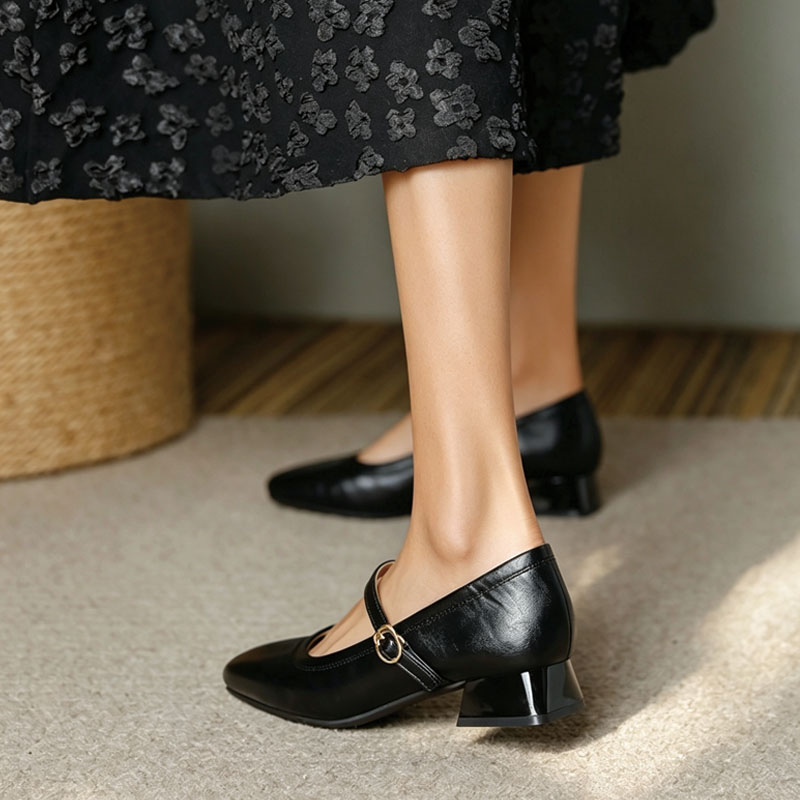 Shoeswoon Soft Leather Mary Janes Adjustable Buckle Instep‑Strap Low Heel Daily Shoes