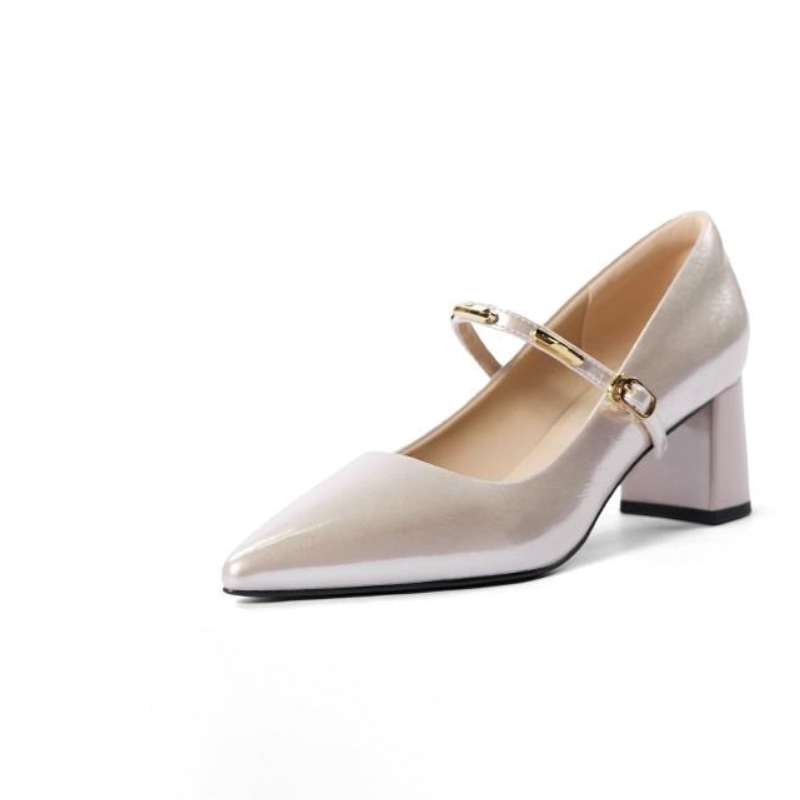 Shoeswoon Pointed‑Toe Mary Jane Pumps Minimal Metal‑Accent Strap Heels