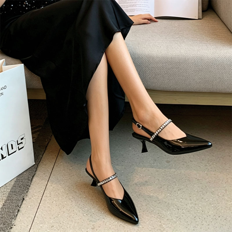 Shoeswoon Rhinestone Strap Pointed Toe Slingback Kitten Heels