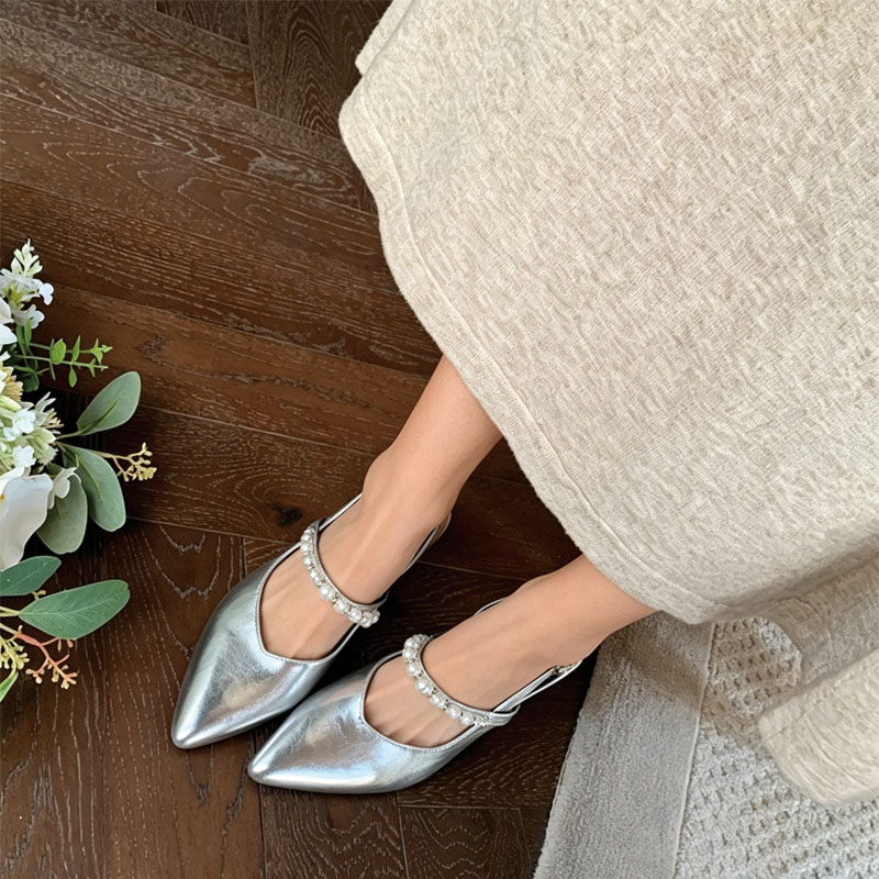 Shoeswoon Pearl Strap Pointed Toe Slingback Kitten Heels