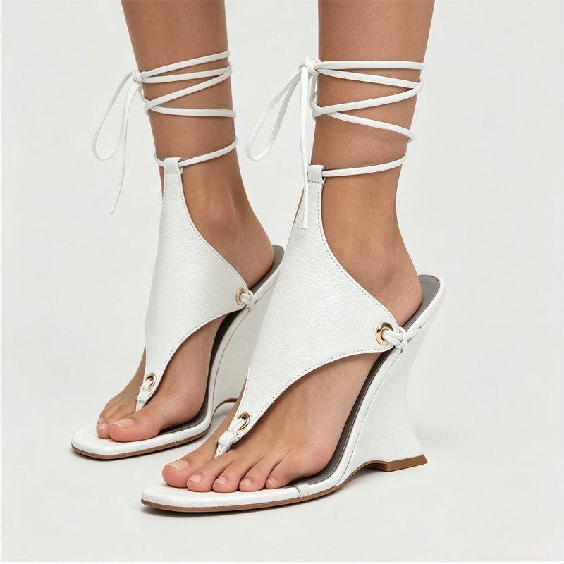 Shoeswoon Toe Ring Ankle Wrap Lace Up Sculptural Wedge Heel Thong Sandals