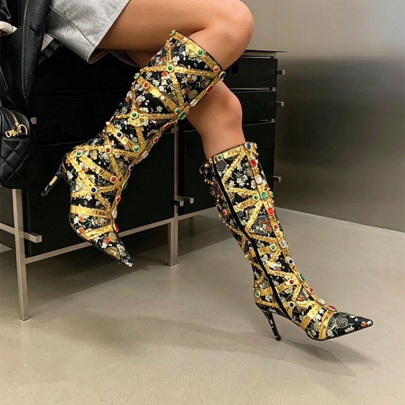 Shoeswoon Floral Jacquard Gem‑Embellished Pointed Toe Stiletto Knee‑High Boots