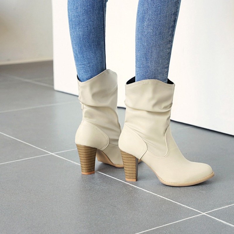 Shoeswoon Ruched Shaft Round‑Toe Wooden Block Heel Mid‑Calf Boots