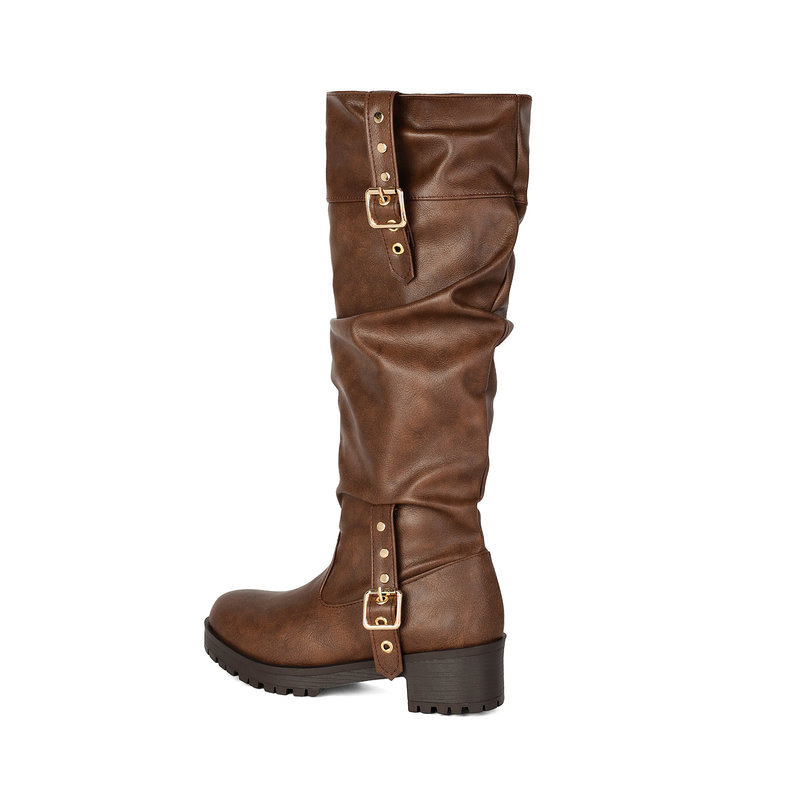 Shoeswoon Slouchy Multi‑Buckle Platform Block Heel Knee‑High Boots