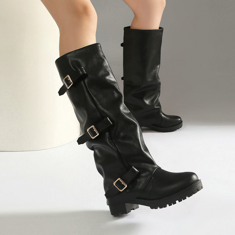 Shoeswoon Vintage Ruched Shaft Metal Buckle Platform Knee‑High Boots