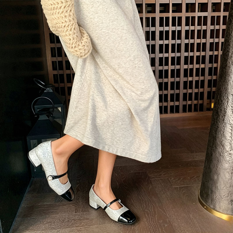 Shoeswoon Pearl‑Decor Two‑Tone Square Toe Low Block Heel Mary Jane Pumps