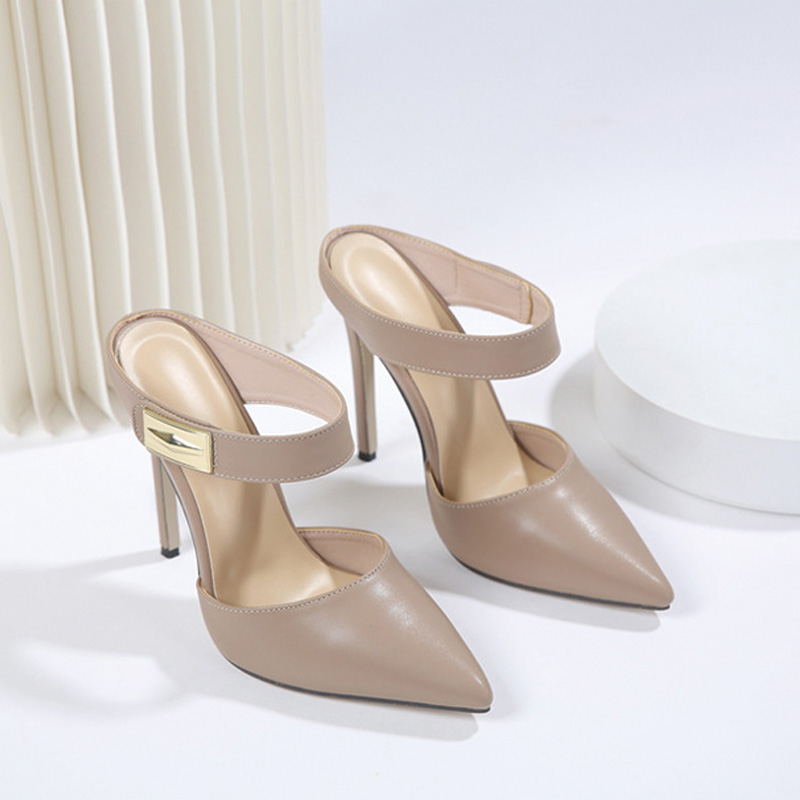 Shoeswoon Pointed Toe Cutout Strap Mules with Metal Buckle Stiletto Heel Mules