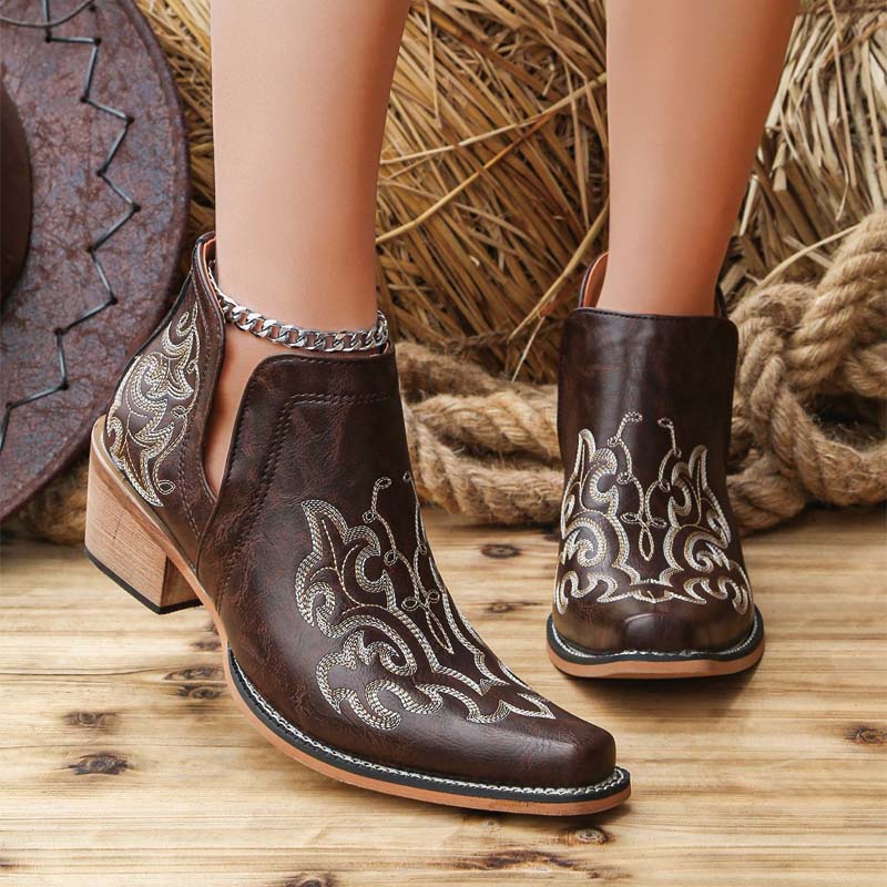 Shoeswoon Embroidery Western Ankle Booties Cut‑Out Stacked Block Heel