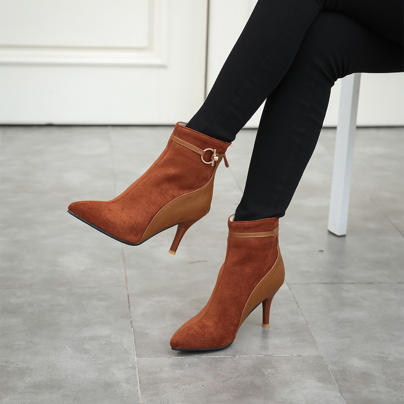 Shoeswoon Mixed‑Texture Pointed Toe Ankle Booties Metal Buckle Stiletto Heels