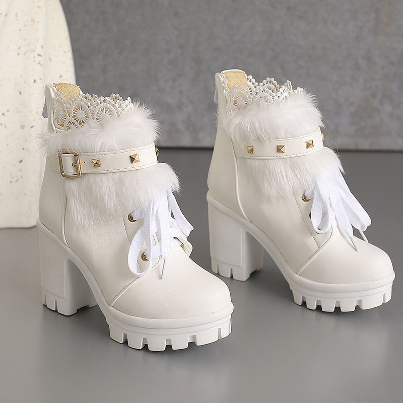 Shoeswoon Studded Buckle Fur Trim Ankle Booties Lace‑Up Platform Block Heel