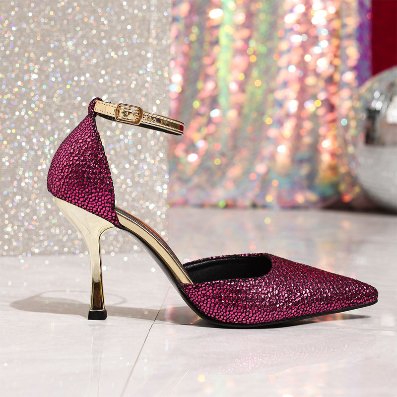 Shoeswoon Shimmer Metallic Texture Adjustable Ankle Wrap Heels