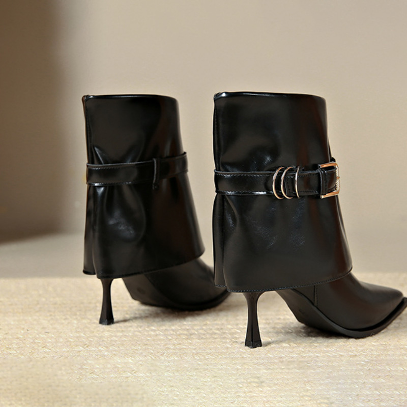 Shoeswoon Fold Over Buckle Strap Pointed Toe Stiletto Ankle Boots