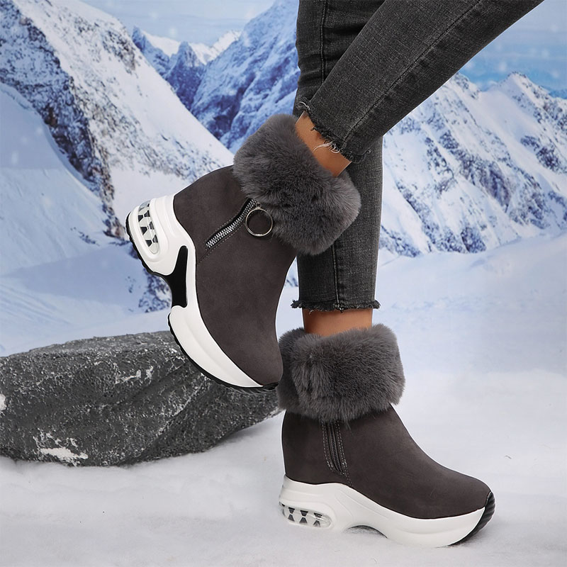 Shoeswoon Faux Fur Trim Side Zip Wedge Chunky Sole Boots