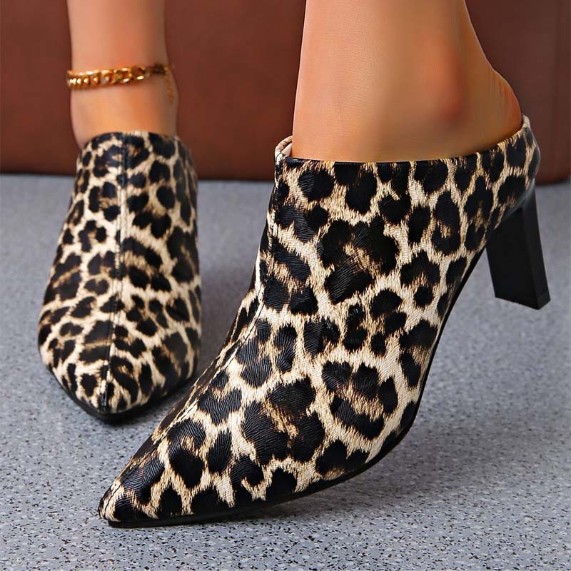 Shoeswoon Fashion Faux Fur Leopard Pattern Pointed Mule Heels
