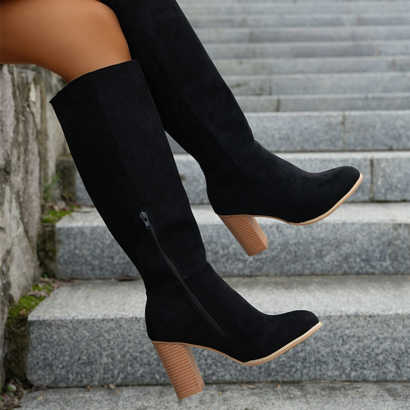 Shoeswoon Elegant Side Zipper Round Toe Chunky Wood Heel Knee High Boots