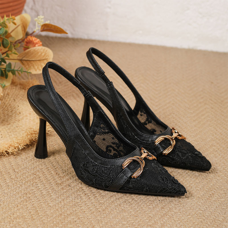 Shoeswoon Sheer Lace Horsebit Decor Pointed Slingback Flared Heels