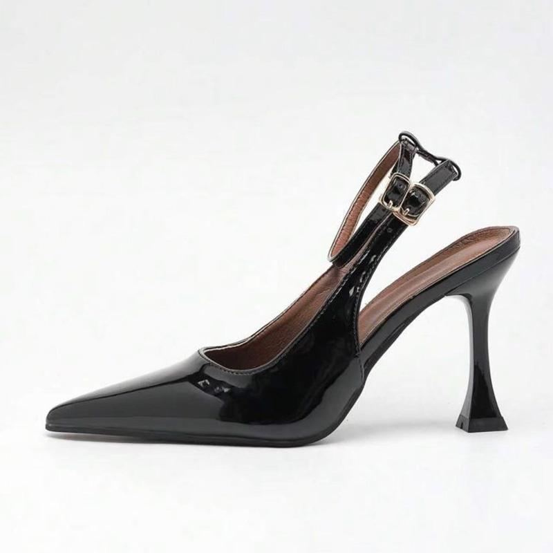 Shoeswoon Glossy Patent Double Ankle Strap Pointed Toe Sculptural Heels