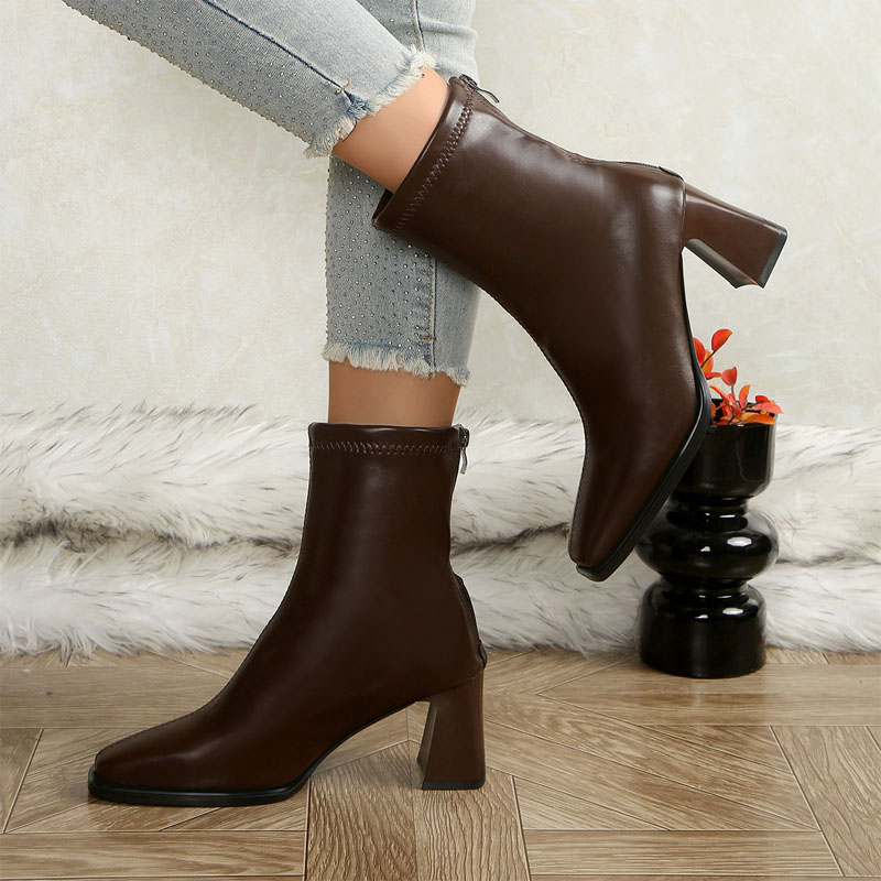 Shoeswoon Elegant Square Toe Flared Chunky Heel Rear Zipper Ankle Boots