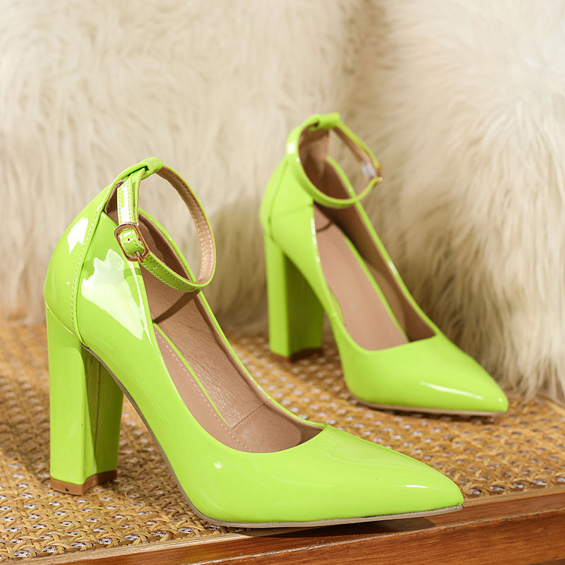 Shoeswoon Glossy Patent Pointed Toe Ankle Strap Chunky Block Heels