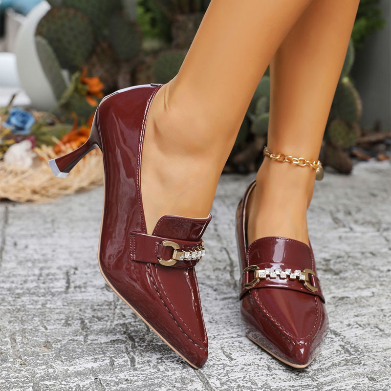 Shoeswoon Pointed Vamp Rhinestone Metal Buckle Patent Sculpted High Heels