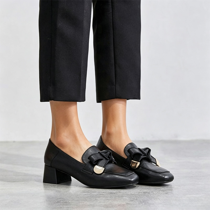 Shoeswoon Square Toe Contrast Bow Decor Slip‑On Mid Block Heel Women's Loafer Shoes