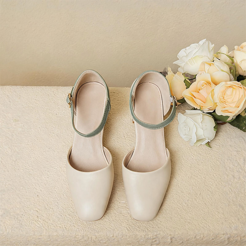 Shoeswoon Retro Color‑Block Ankle‑Buckle Mid Block‑Heel Mary Janes