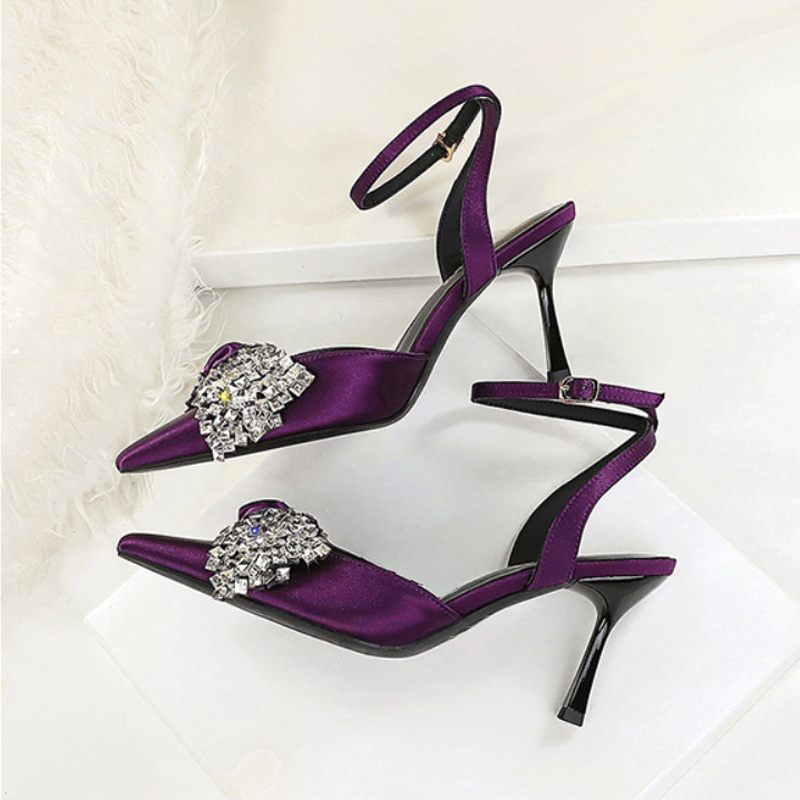 Shoeswoon Satin Rhinestone Bow Ankle Strap Slingback Pointed Toe Stiletto Heels