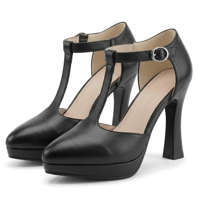 Shoeswoon Retro Platform T‑Strap Buckle Cutout Mary Jane Heels
