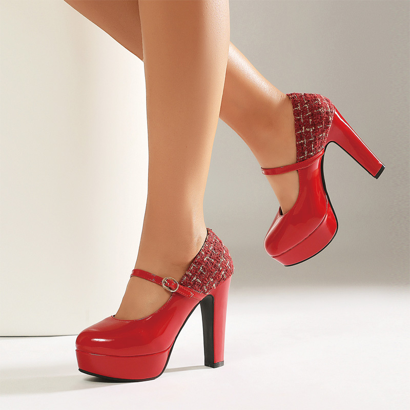Shoeswoon Round Toe Heart‑Buckle Mary Janes Two‑Tone Platform High Block Heel
