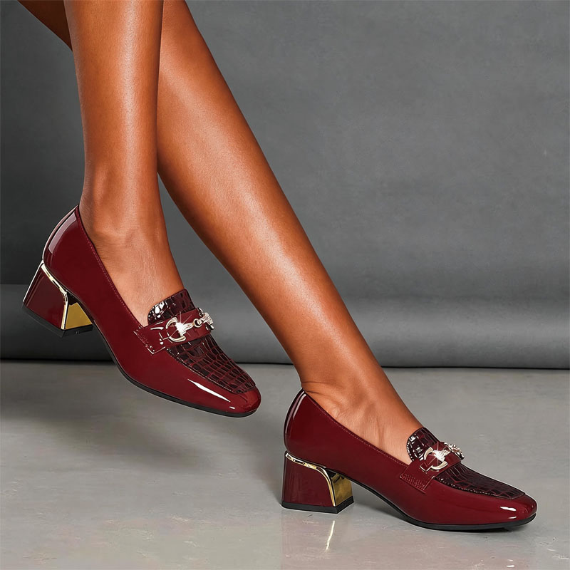 Shoeswoon Elegant Croc Embossed Rhinestone Metal Accent Block Heel Loafers