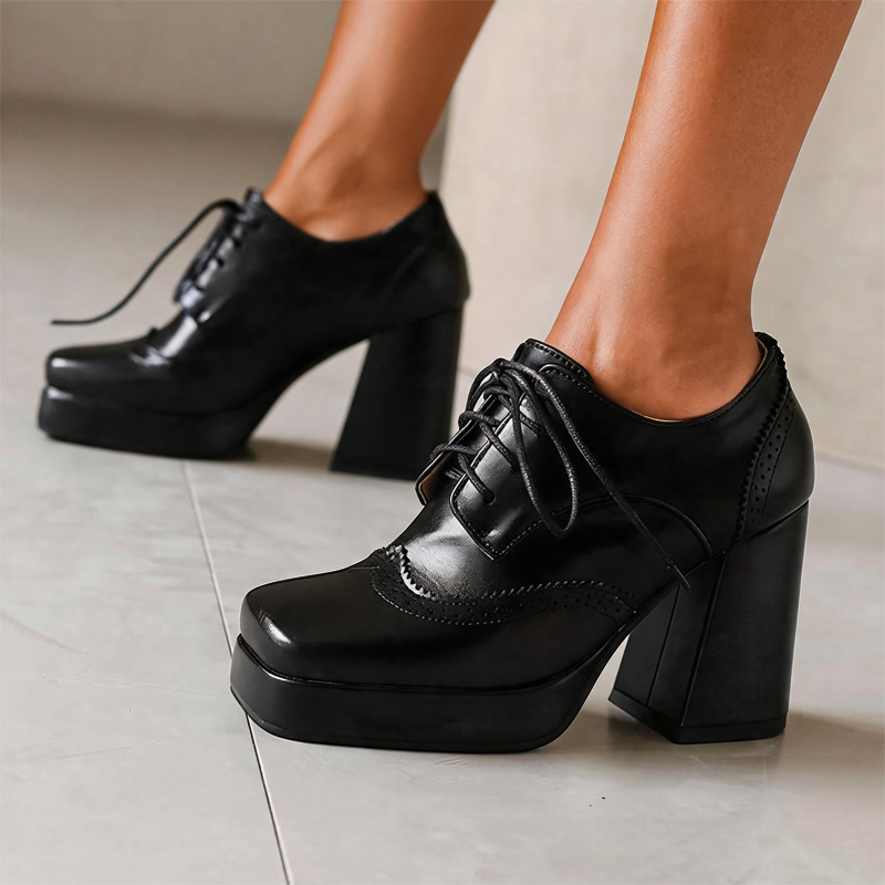 Shoeswoon Spliced Brogue Lace‑Up Platform Chunky Block Heel Oxford Shoes