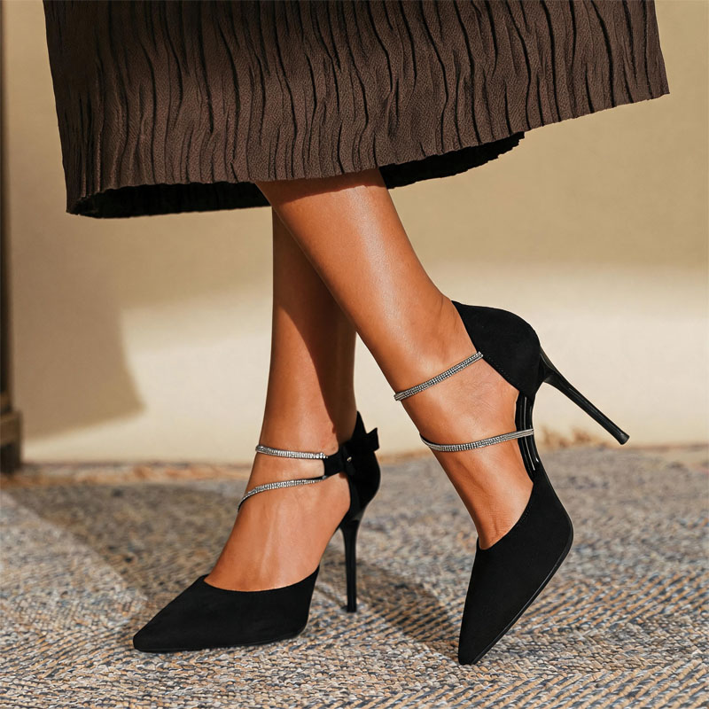 Shoeswoon Suede Two‑Row Crystal Ankle Strap Cutout Stiletto High Heels