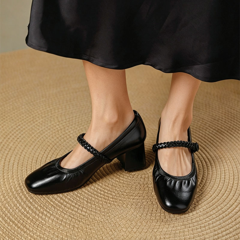 Shoeswoon Soft Pleated Upper Mary Janes Braided Buckle Strap Low Block Heel Shoes