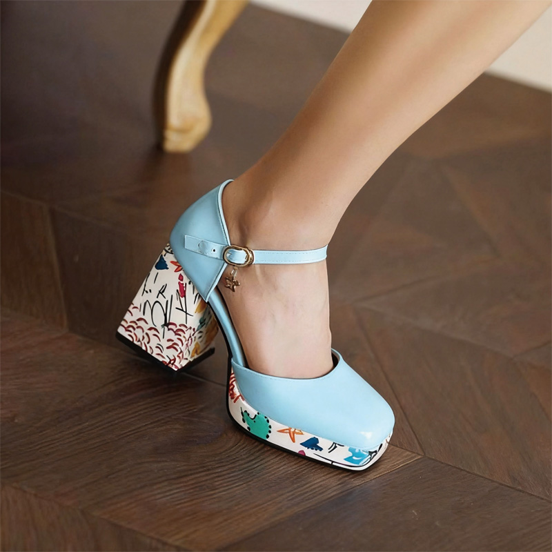Shoeswoon Square Toe Ankle Strap Platform Heels Printed Chunky Block Heel