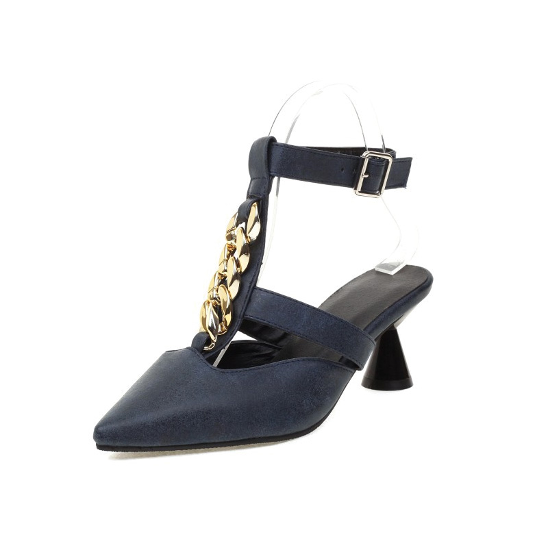 Shoeswoon Metal Chain Pointed Toe T‑Strap Ankle Strap Heels