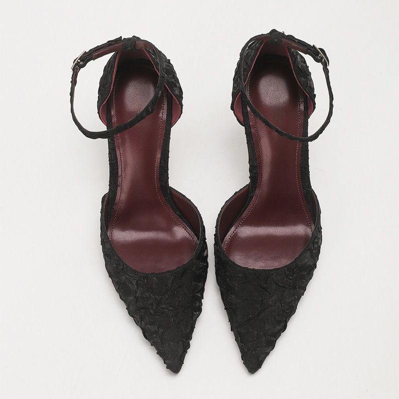 Shoeswoon Textured Lace Pointed Toe Ankle Strap Slingback Stiletto Pumps