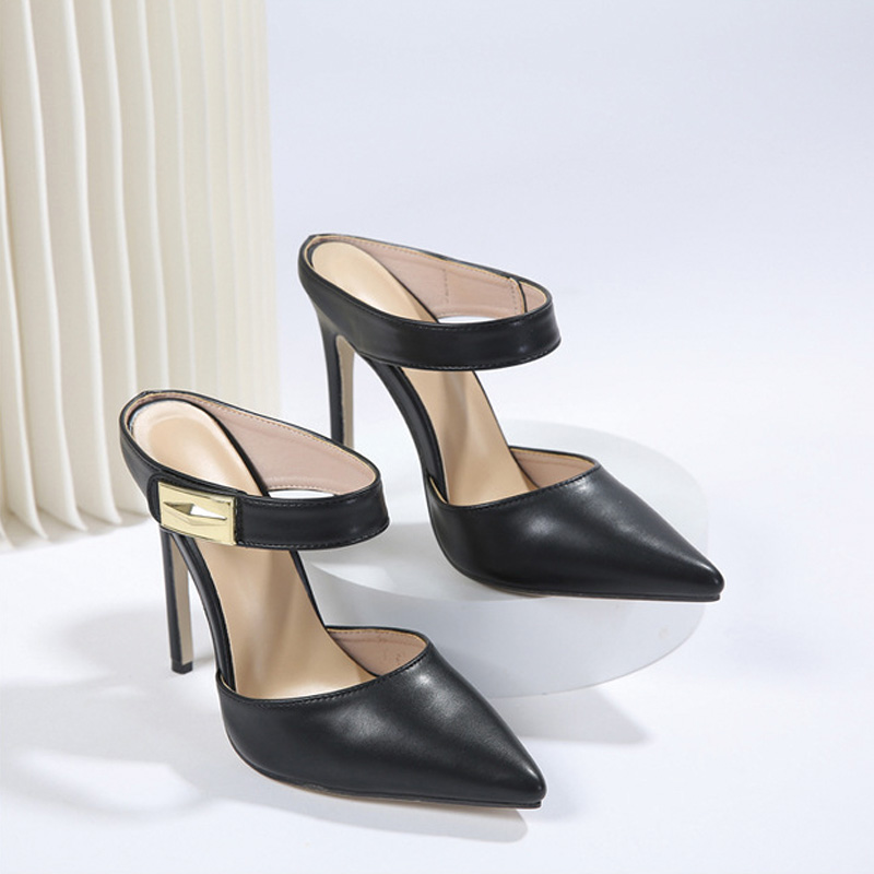 Shoeswoon Pointed Toe Cutout Strap Mules with Metal Buckle Stiletto Heel Mules