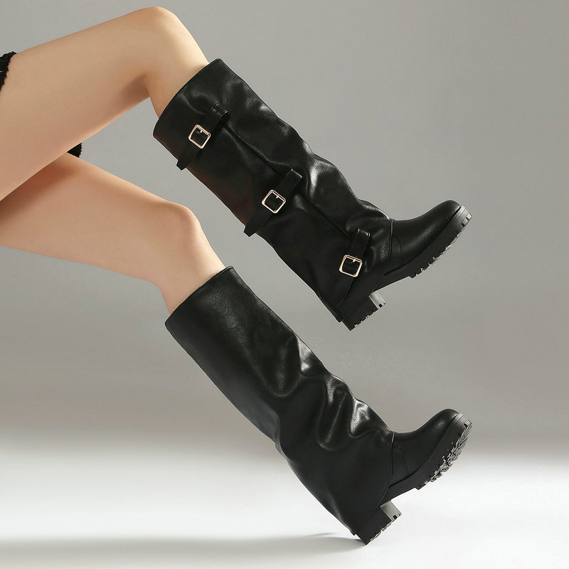 Shoeswoon Vintage Ruched Shaft Metal Buckle Platform Knee‑High Boots