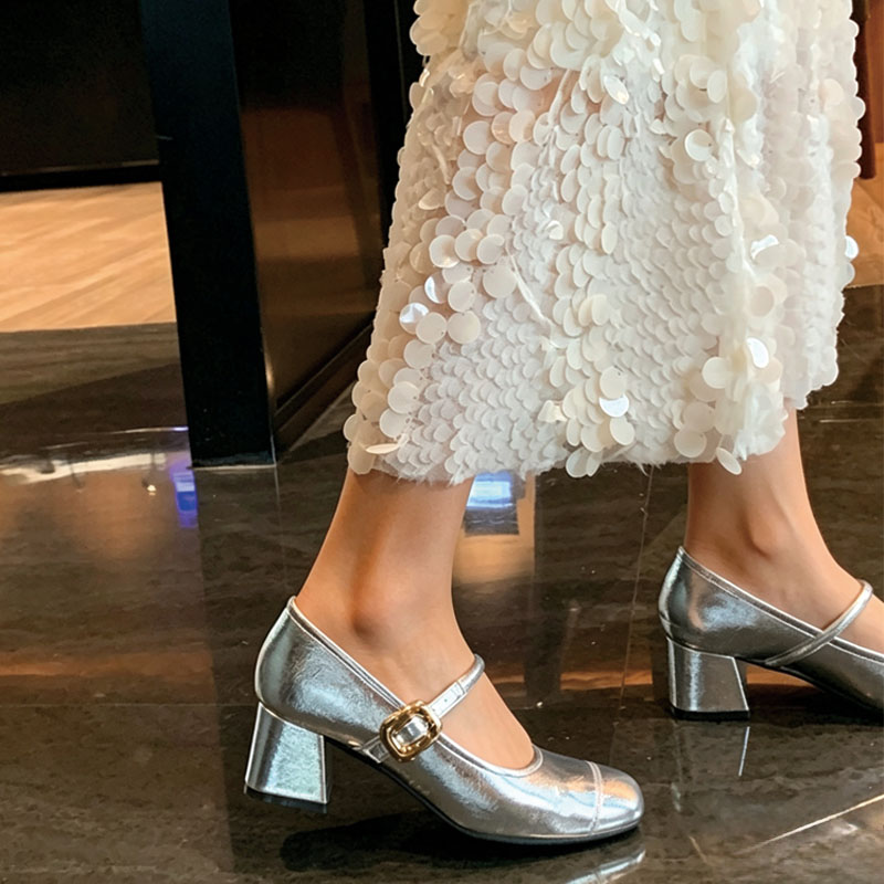Shoeswoon Metal Buckle Square Toe Block Heel Mary Jane Pumps