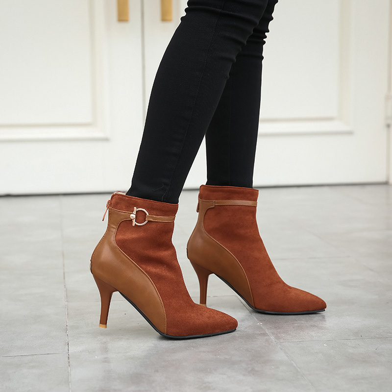 Shoeswoon Mixed‑Texture Pointed Toe Ankle Booties Metal Buckle Stiletto Heels