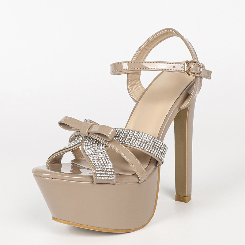 Shoeswoon Party Patent Rhinestone Crisscross Strap Bow Detail Stiletto Platform Heels
