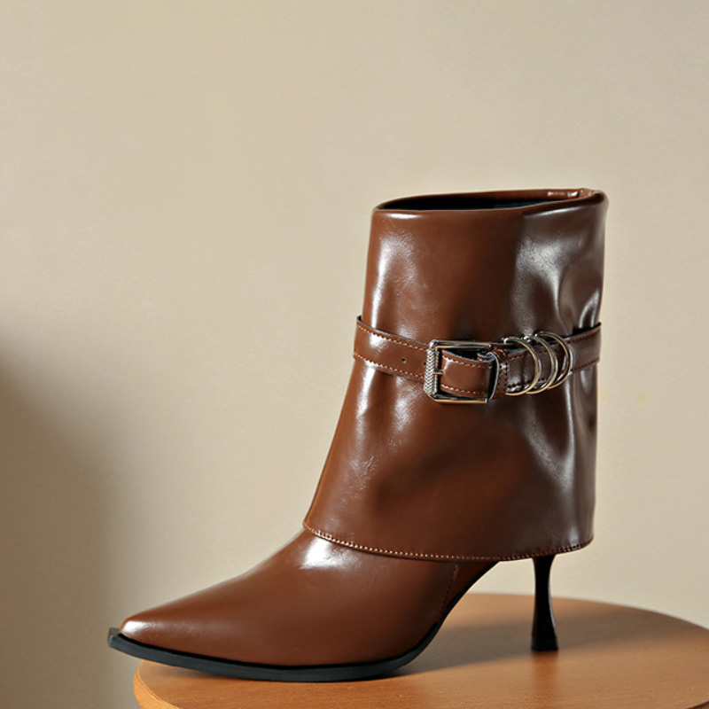 Shoeswoon Fold Over Buckle Strap Pointed Toe Stiletto Ankle Boots